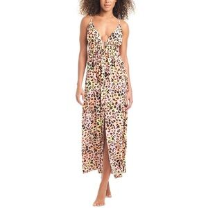 Bar III Animal Print Swim Cover-Up Maxi Dress V-Neck Tie Front Flowy